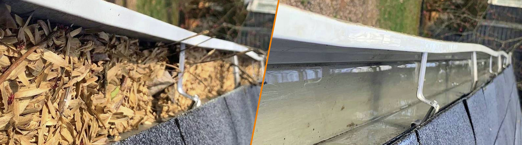 "Gutter full of debris and the same gutter after professional cleaning"